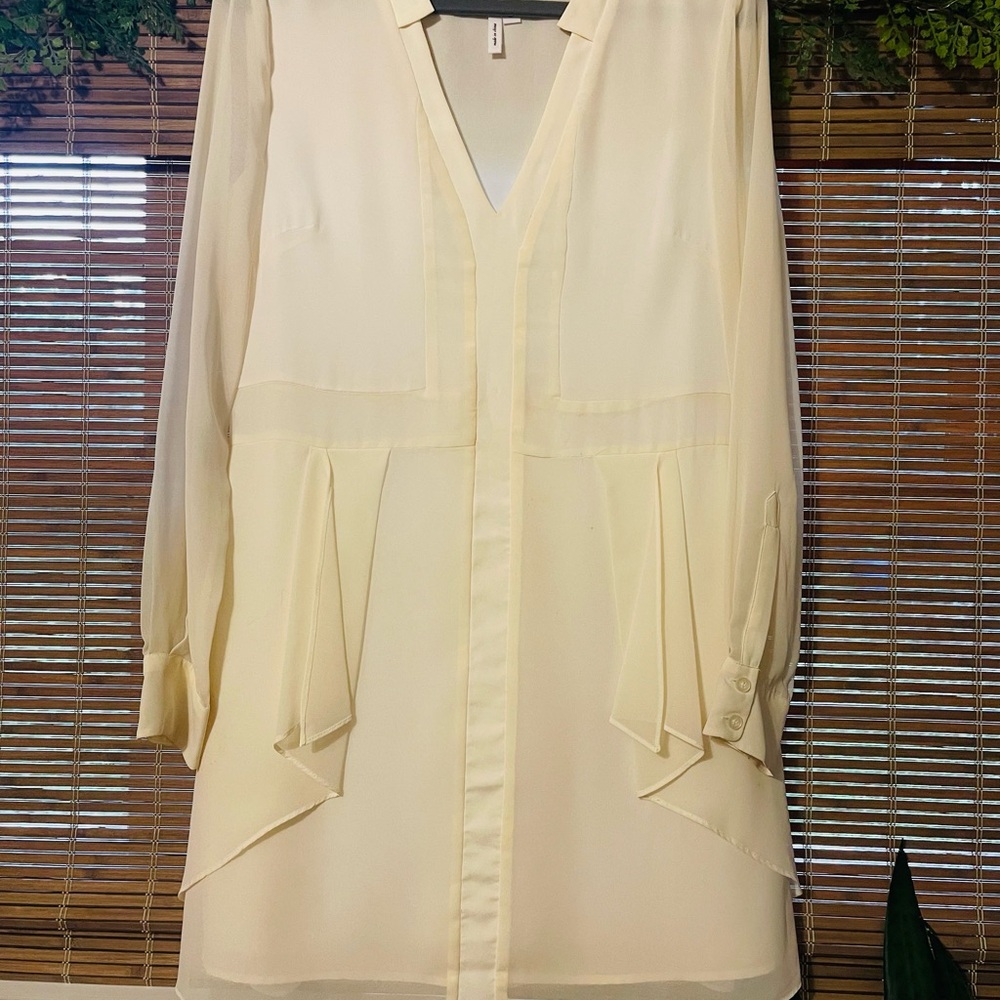 BCBG generation Elegant Cream Women's Dress with sheer long sleeves.